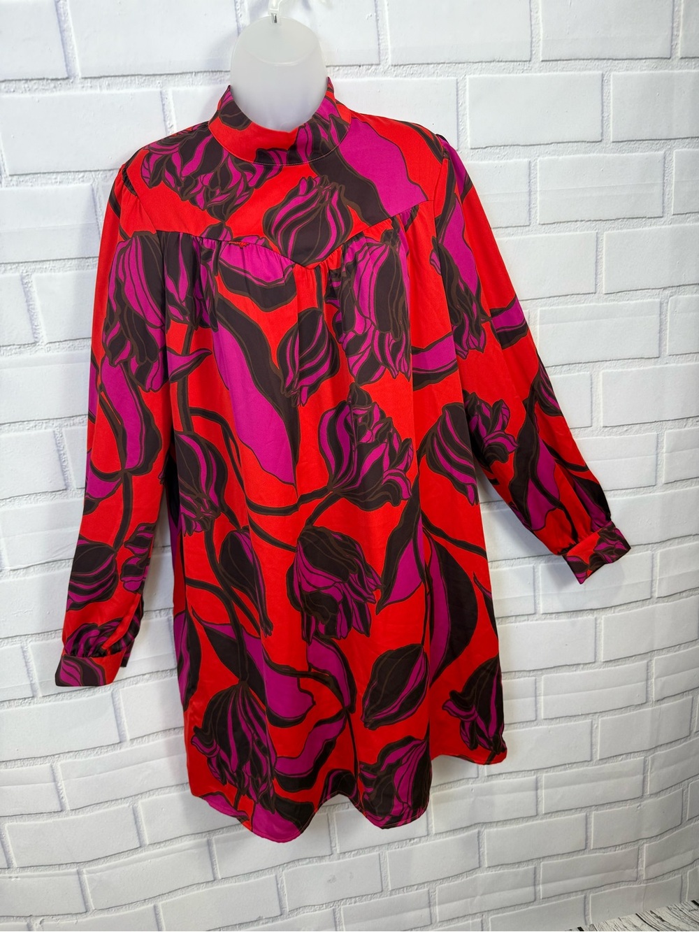 Who What Wear Floral Mock Neck Shift Dress Size L Red Pink Long Sleeve Pockets - Picture 5 of 12